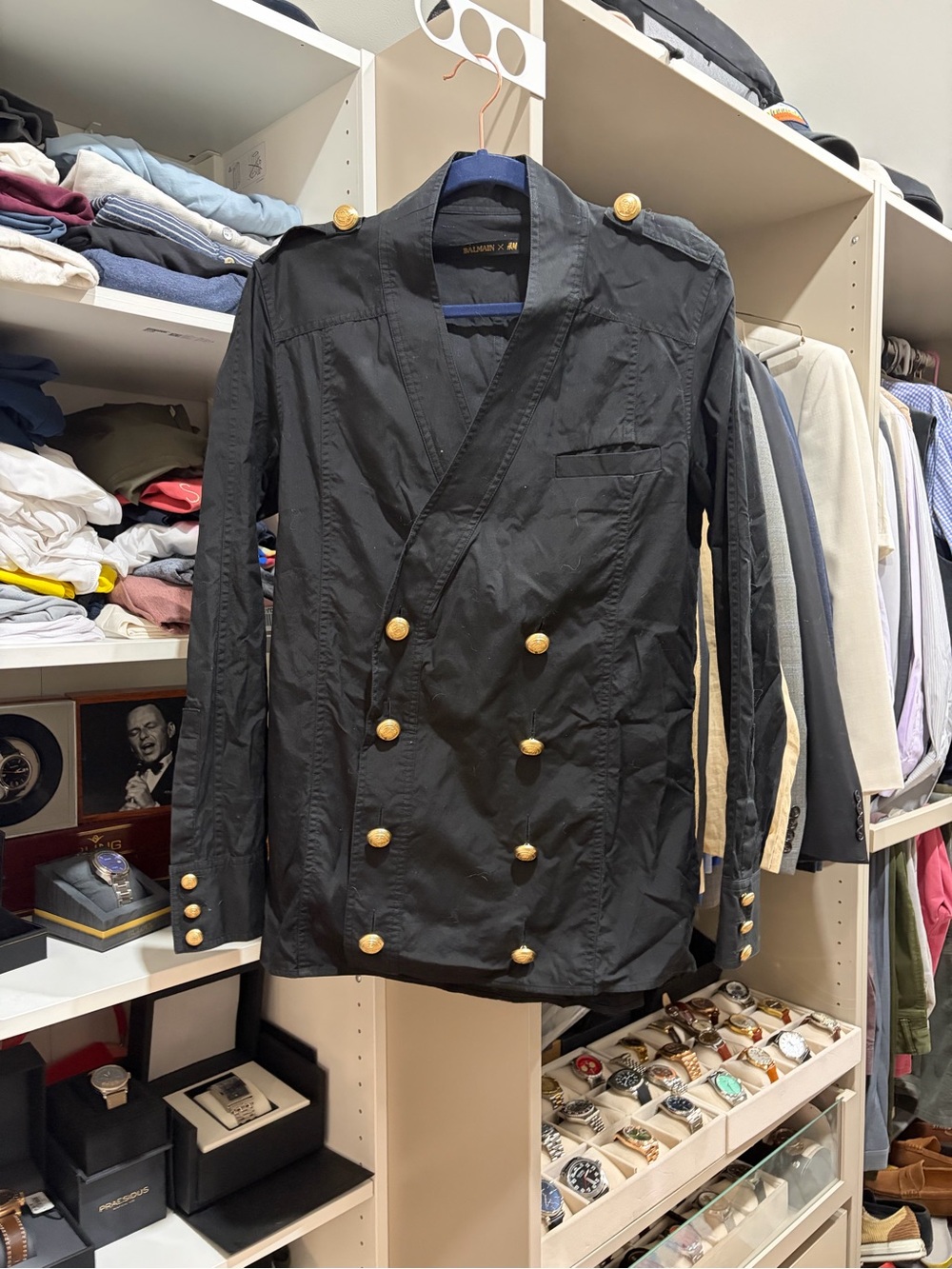 Balmain Black Double-Breasted Pea Coat with Gold Buttons